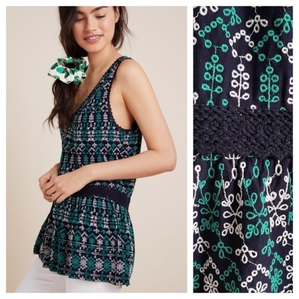 Anthropologie Maeve Green Navy Blue Cammie Embroidered Sleeveless Peplum Top